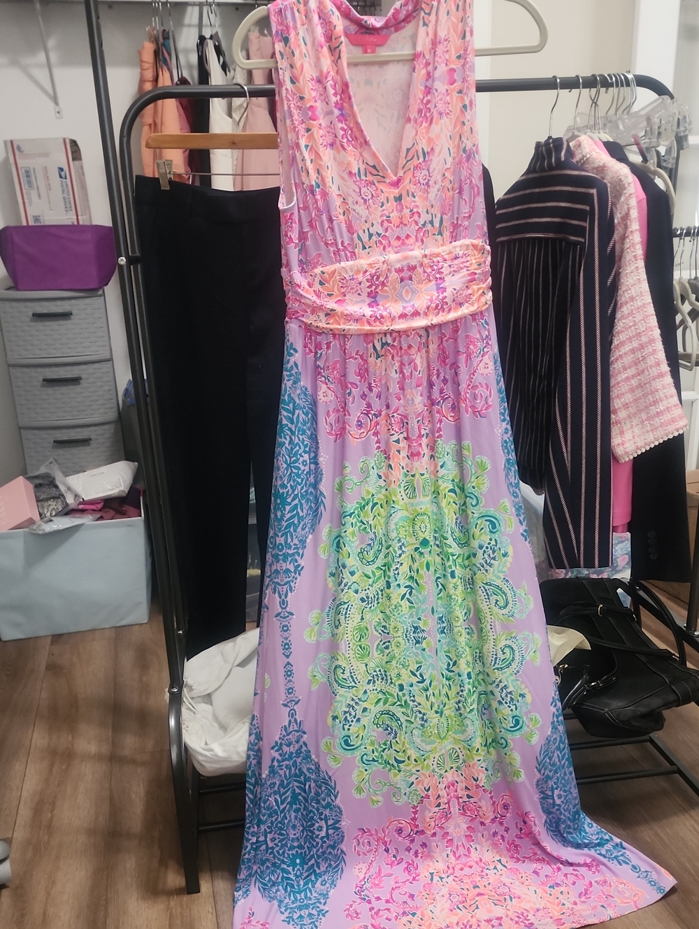 LP Sz M VEUC Sleeveless Maxi Dress in Orange, Pink, Lavender & Green Paisley